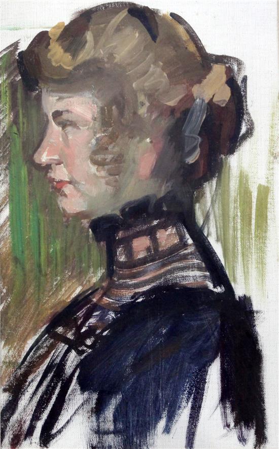Ambrose McEvoy (1878-1927) Portrait of the Artists wife wearing a purple dress 16 x 10in.